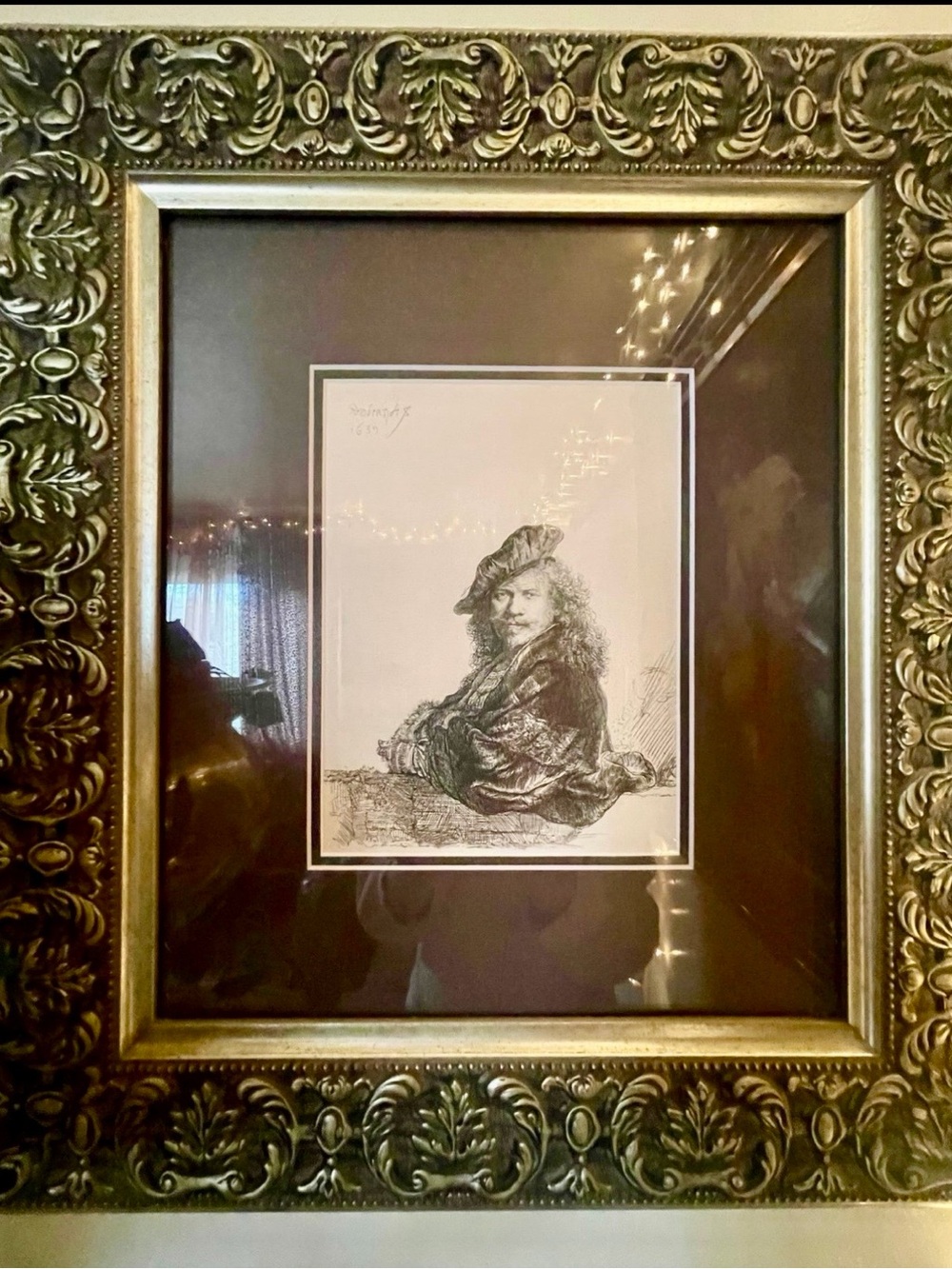 Ornate Gold Framed Vintage Art Print Brown White Etching Rembrandt Self Portrait